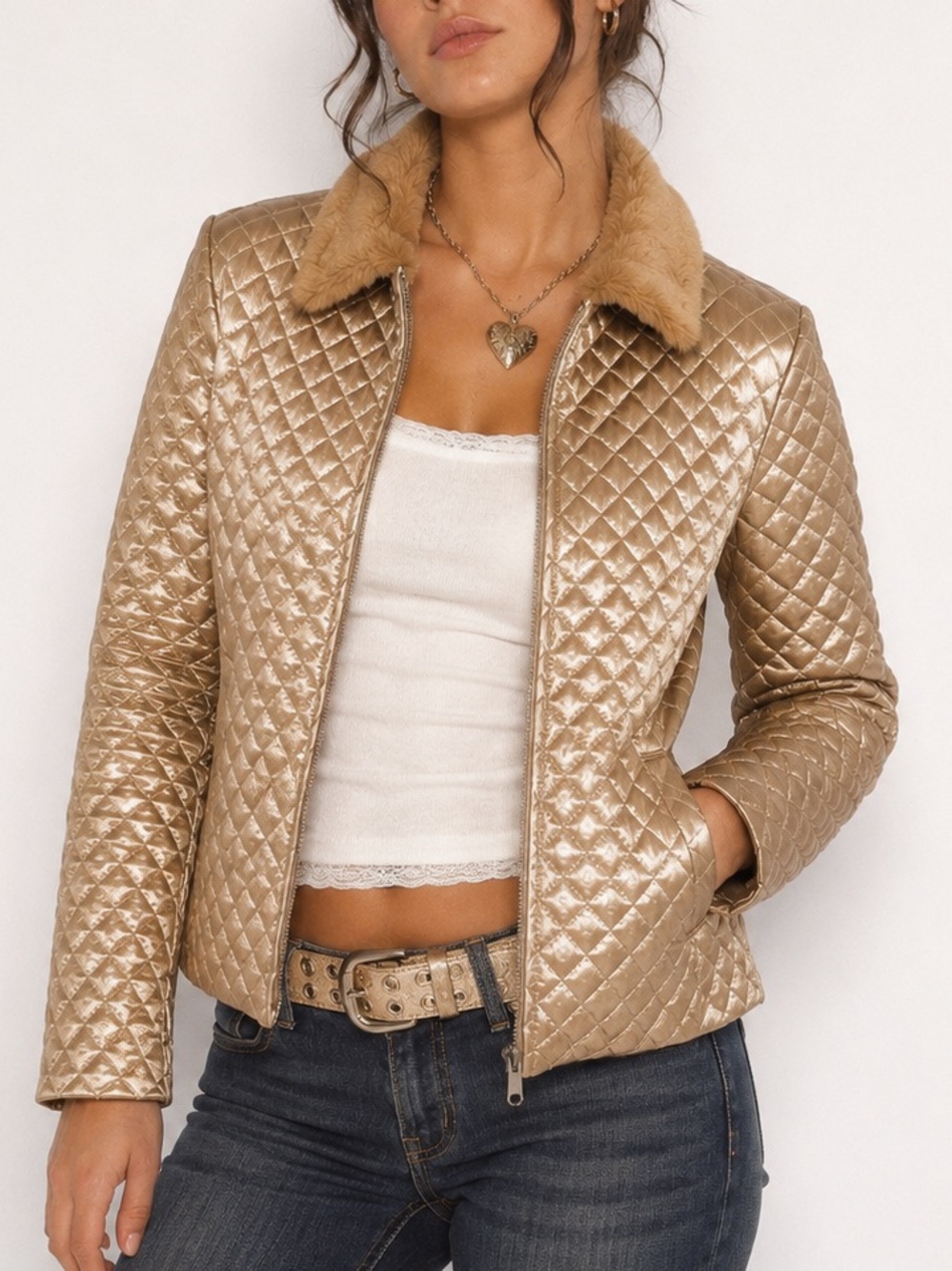 Vintage K.C. Parker Y2K Gold Quilted Jacket Faux Fur Collar Small